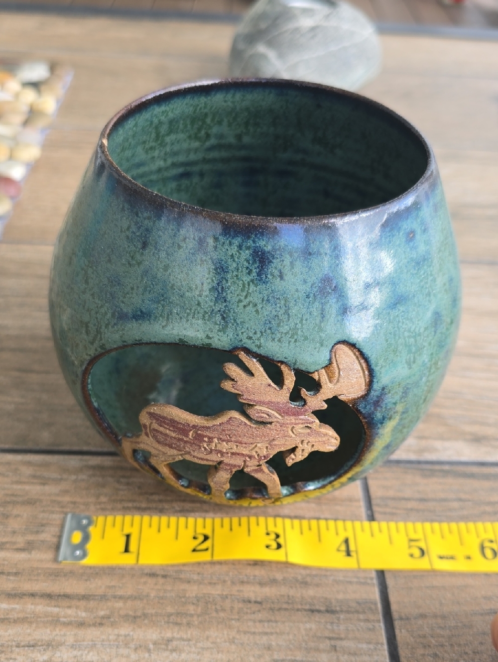 Rustic Green Handmade Glazed Ceramic Votive with Moose Cutout - Picture 12 of 16